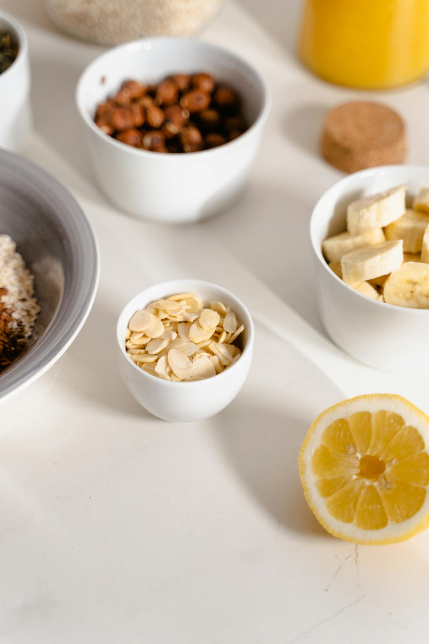 Variety of healthy ingredients for a nutritious breakfast highlighted on a kitchen table.